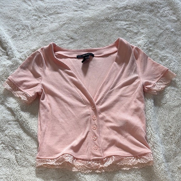 Forever 21 Pink Lace Trim Baby Tee | Y2K Button Front Crop Top XS - Picture 1 of 5